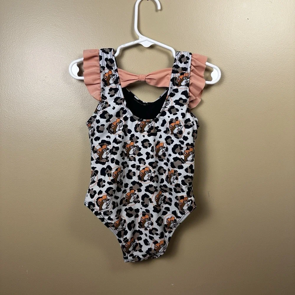 Buc-ee's 2T Baby Girl Leopard Print Beaver Logo Swimsuit‎ Ruffles & Bow